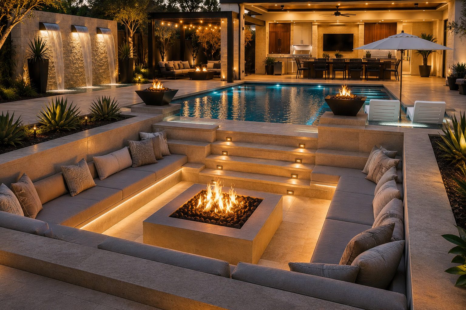 Sunken fire pit lounge with steps into pool