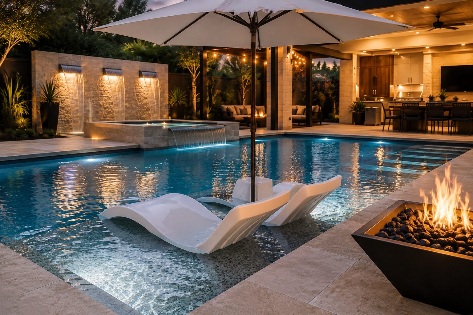 In-pool loungers under umbrella beside fire bowl