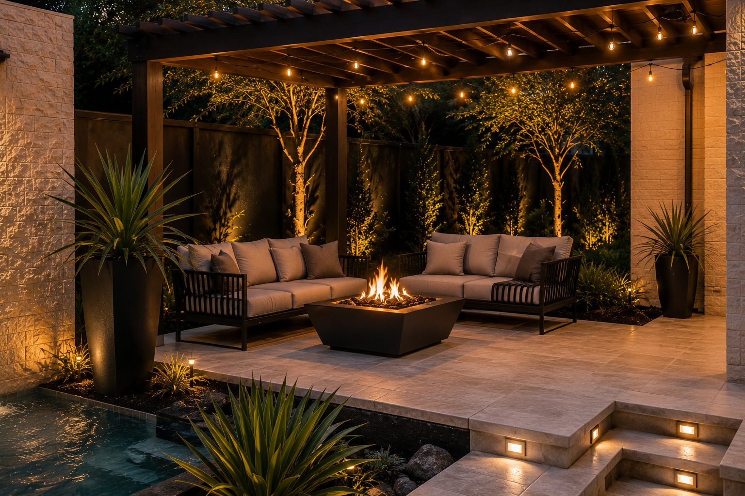 Pergola seating area with fire table