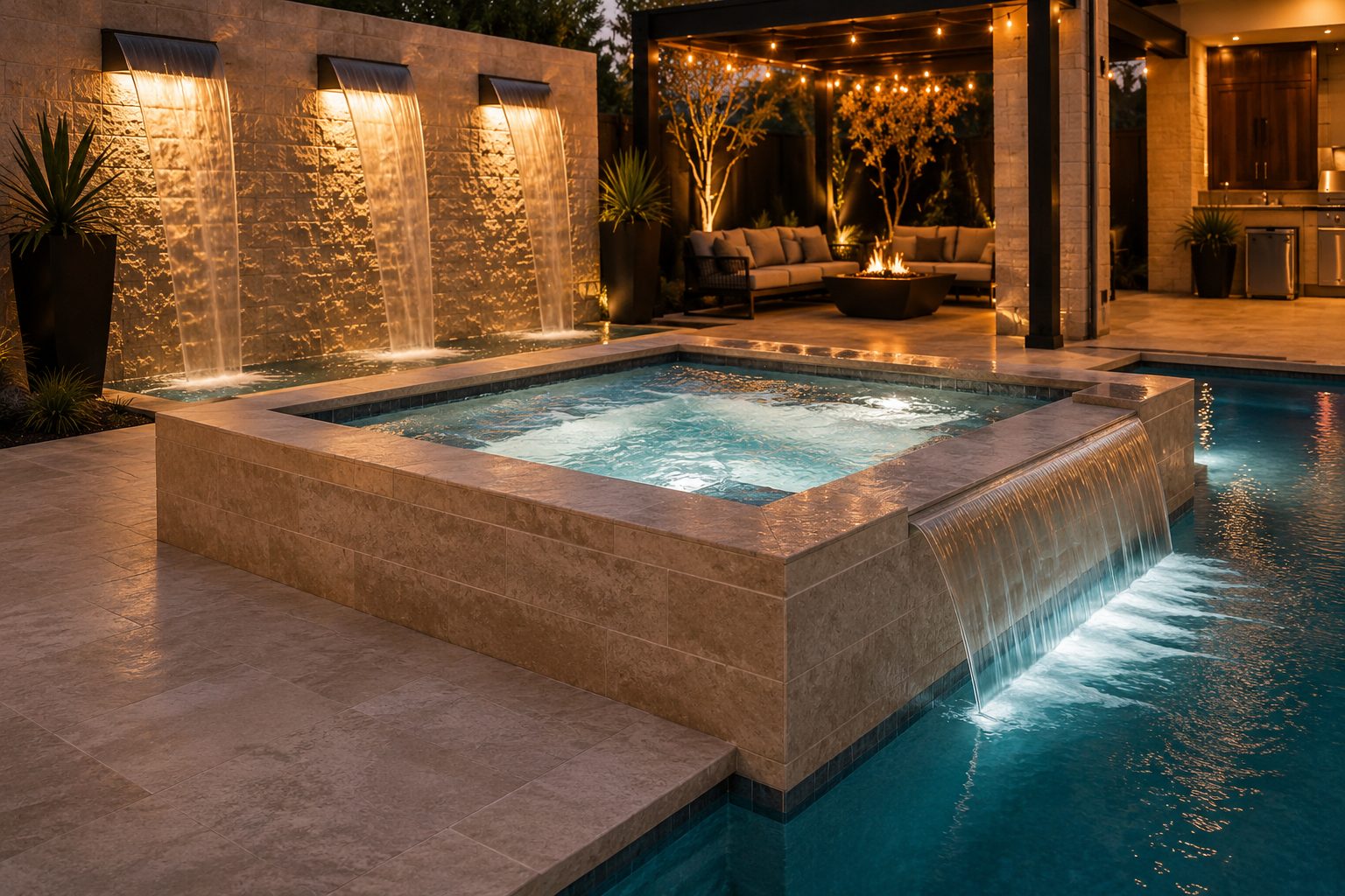 Raised spa with waterfall into pool