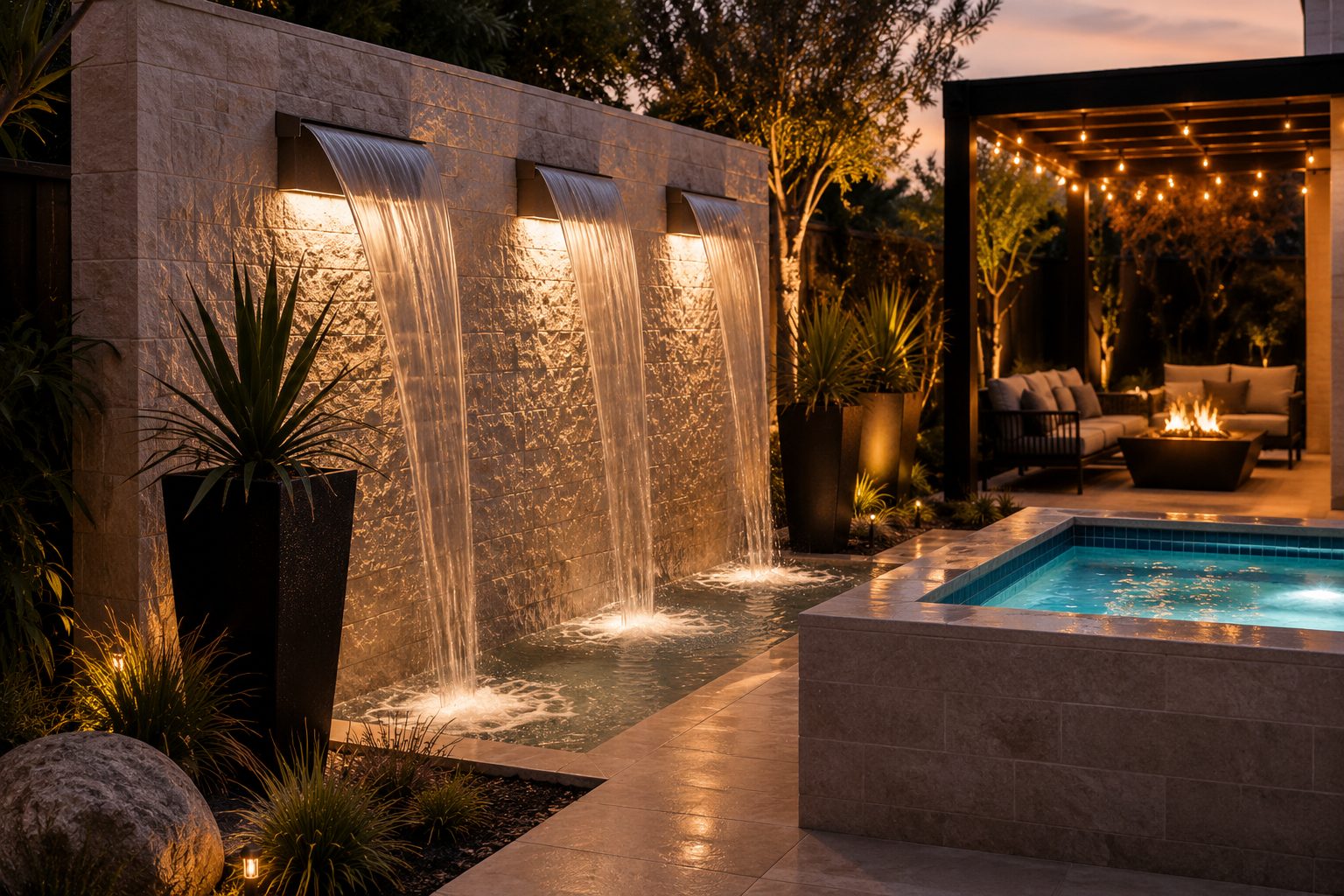 Waterfall wall feature beside raised spa
