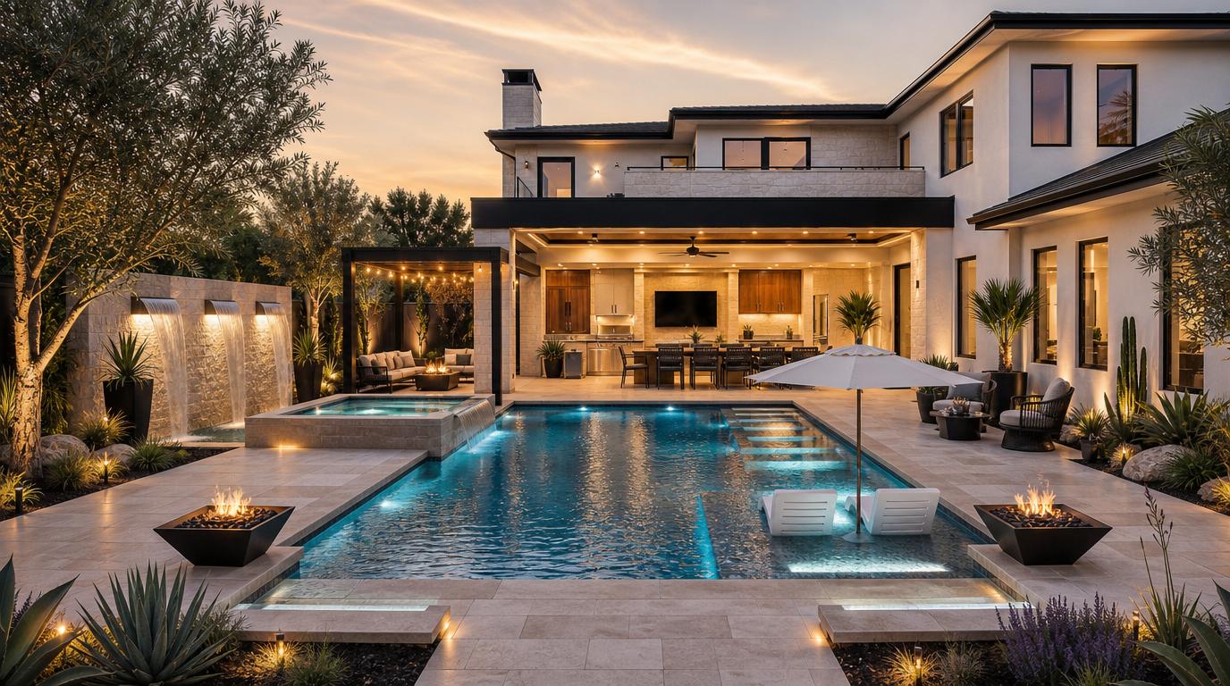 Full backyard with pool, spa, and outdoor living space at dusk