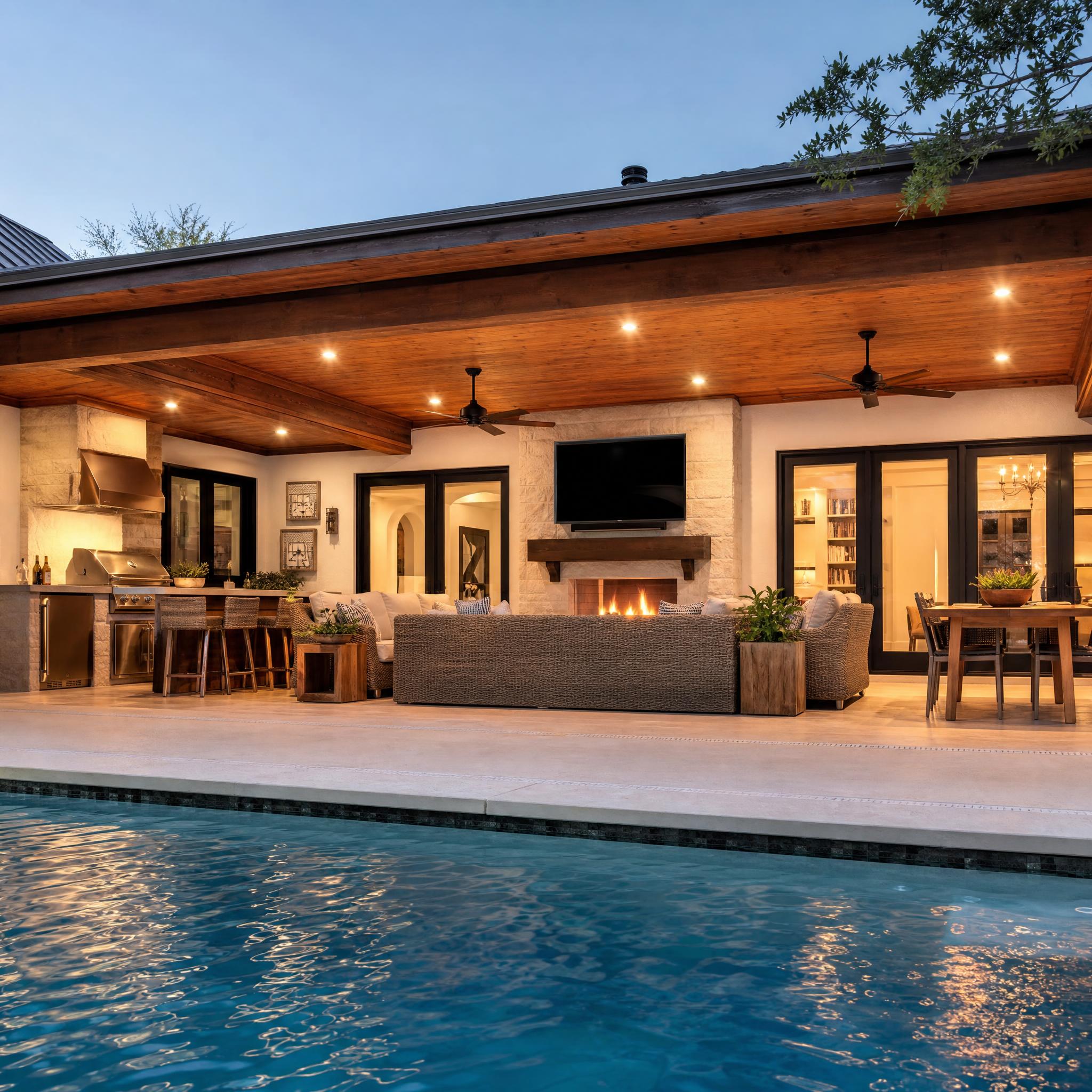 Covered patio with fireplace, TV, and outdoor kitchen at dusk