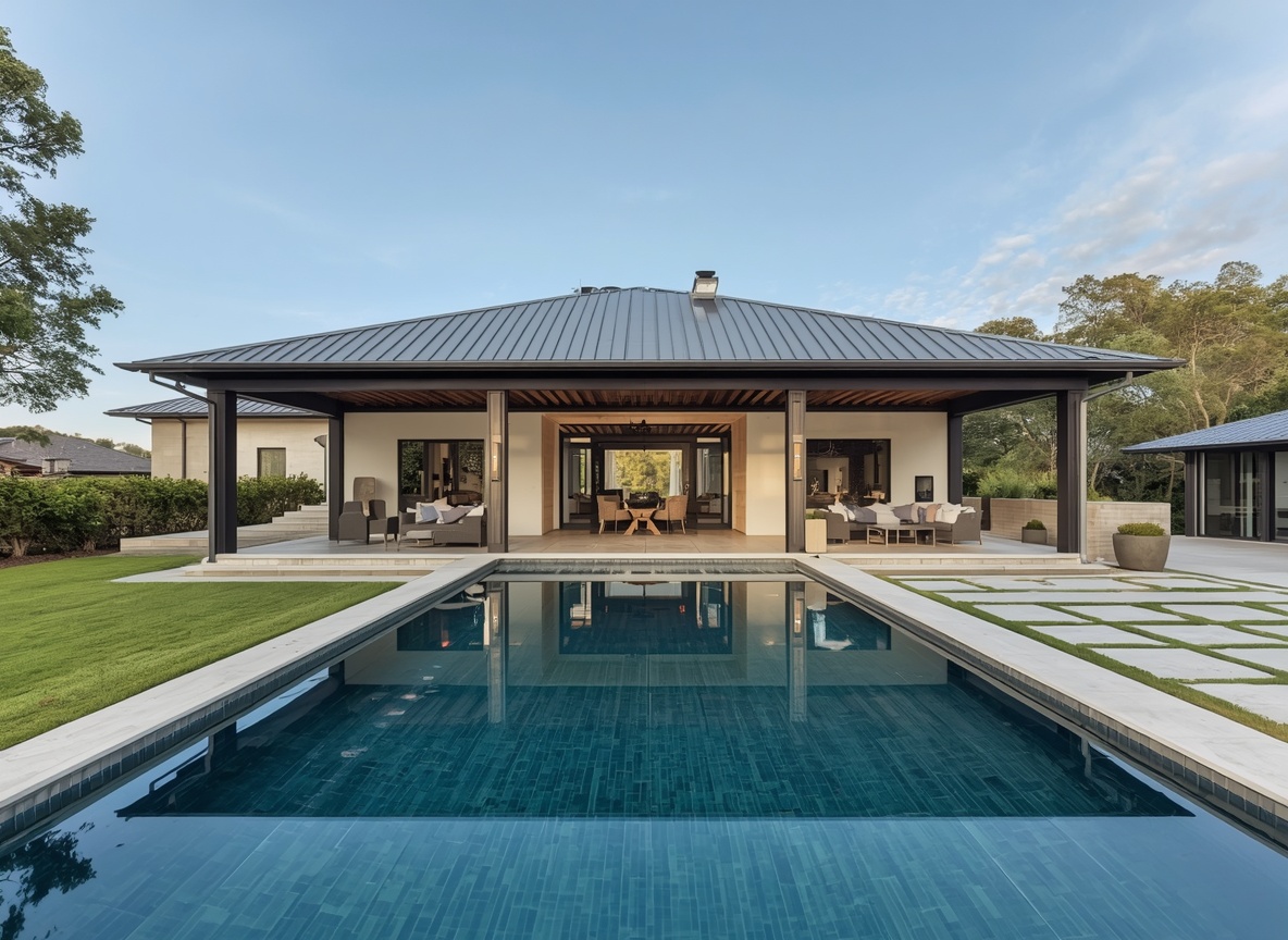 Modern home with long rectangular pool and covered living space