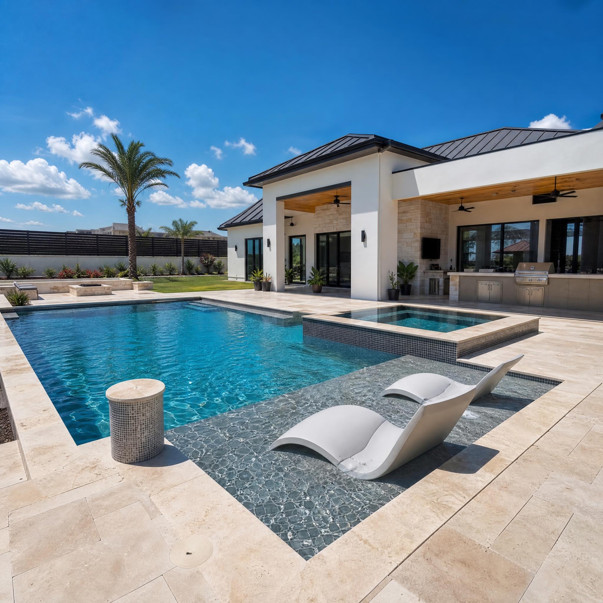Modern home with pool, baja shelf loungers, and fire pit