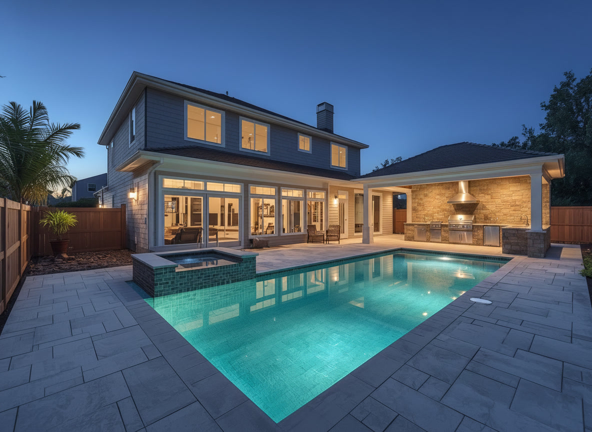 Pool, spa, and outdoor kitchen lit up at dusk