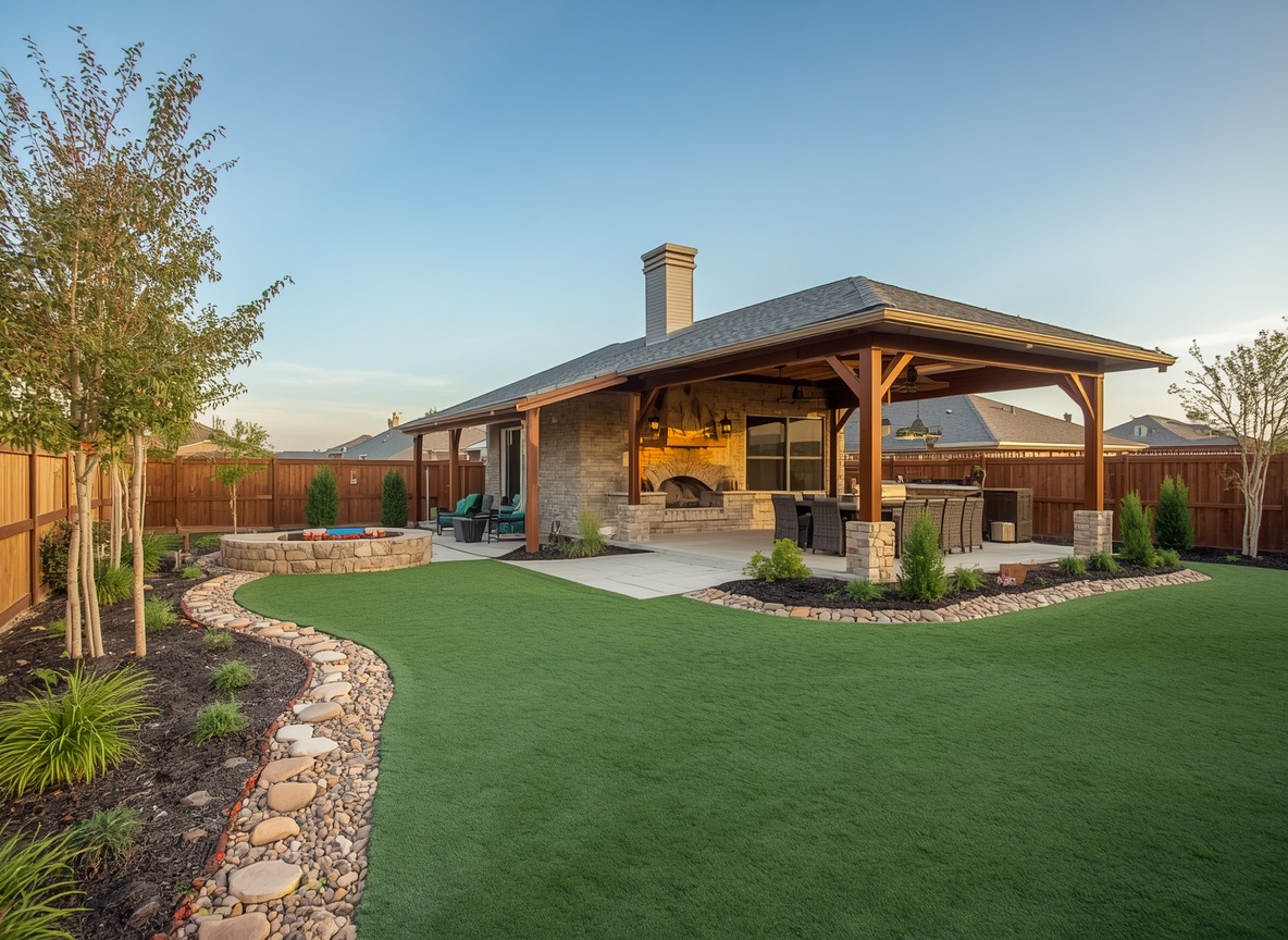 Covered patio with stone fireplace and fire pit