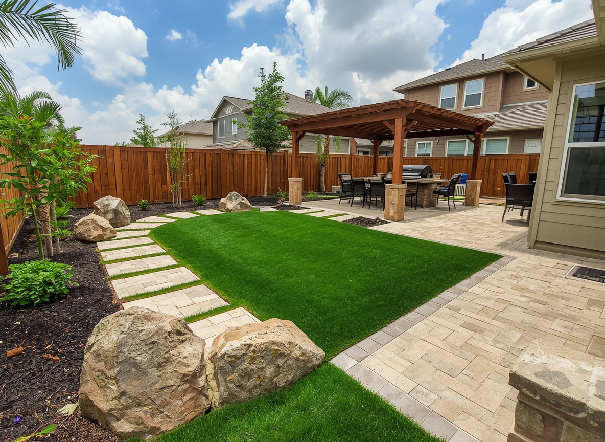 Backyard with palapa, outdoor kitchen, and turf landscaping