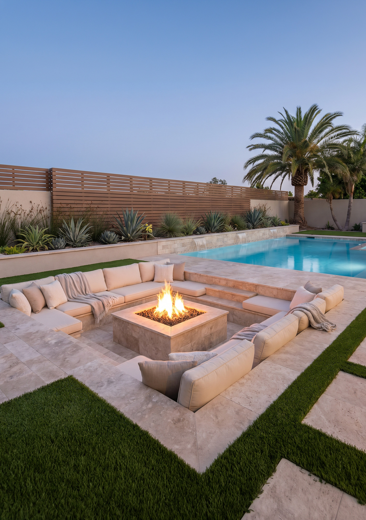 Sunken fire lounge with travertine and desert landscaping