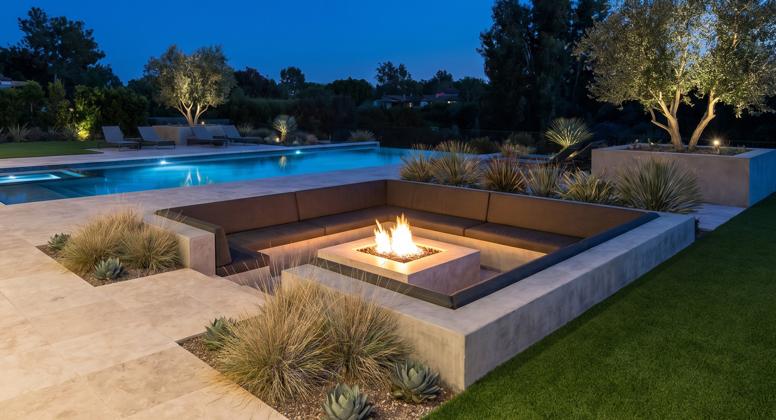 Sunken fire lounge beside modern pool