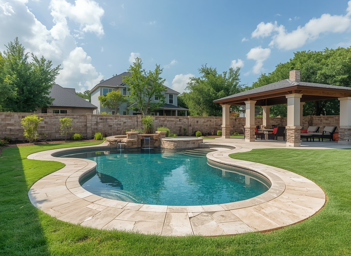 Freeform pool with waterfall spa