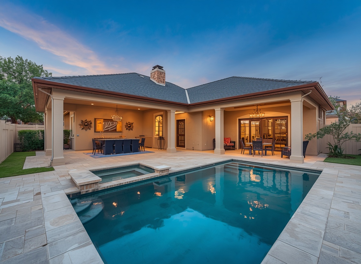 Covered patio with pool and spa