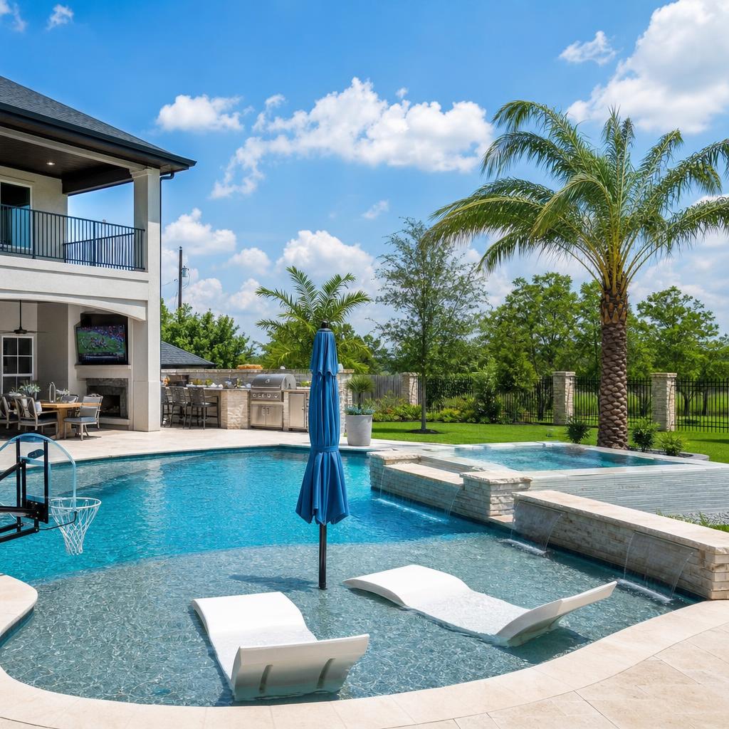 Two-story home with pool, baja shelf loungers, and spa