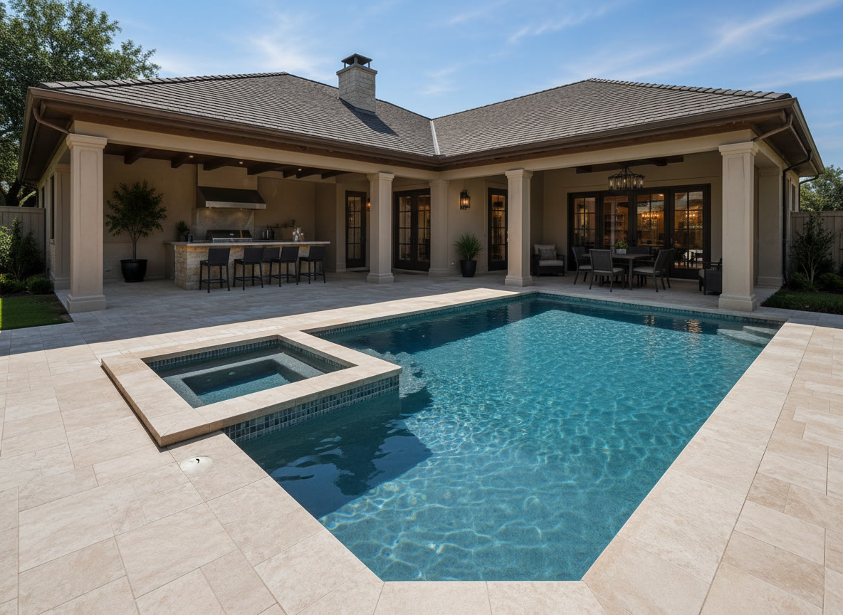 Backyard pool and covered patio at dusk